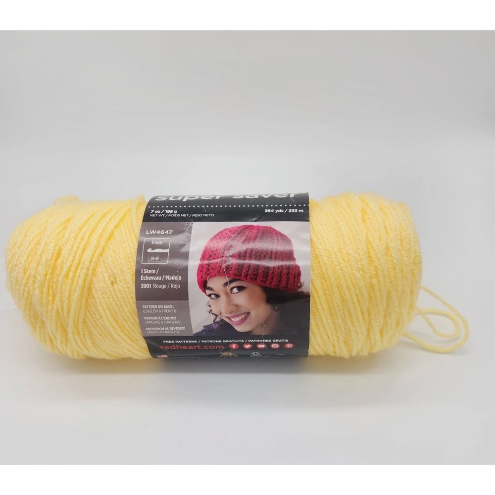 Red Heart Super Saver Yarn - Color Lemon - Partial‎ 3.7oz. Skein